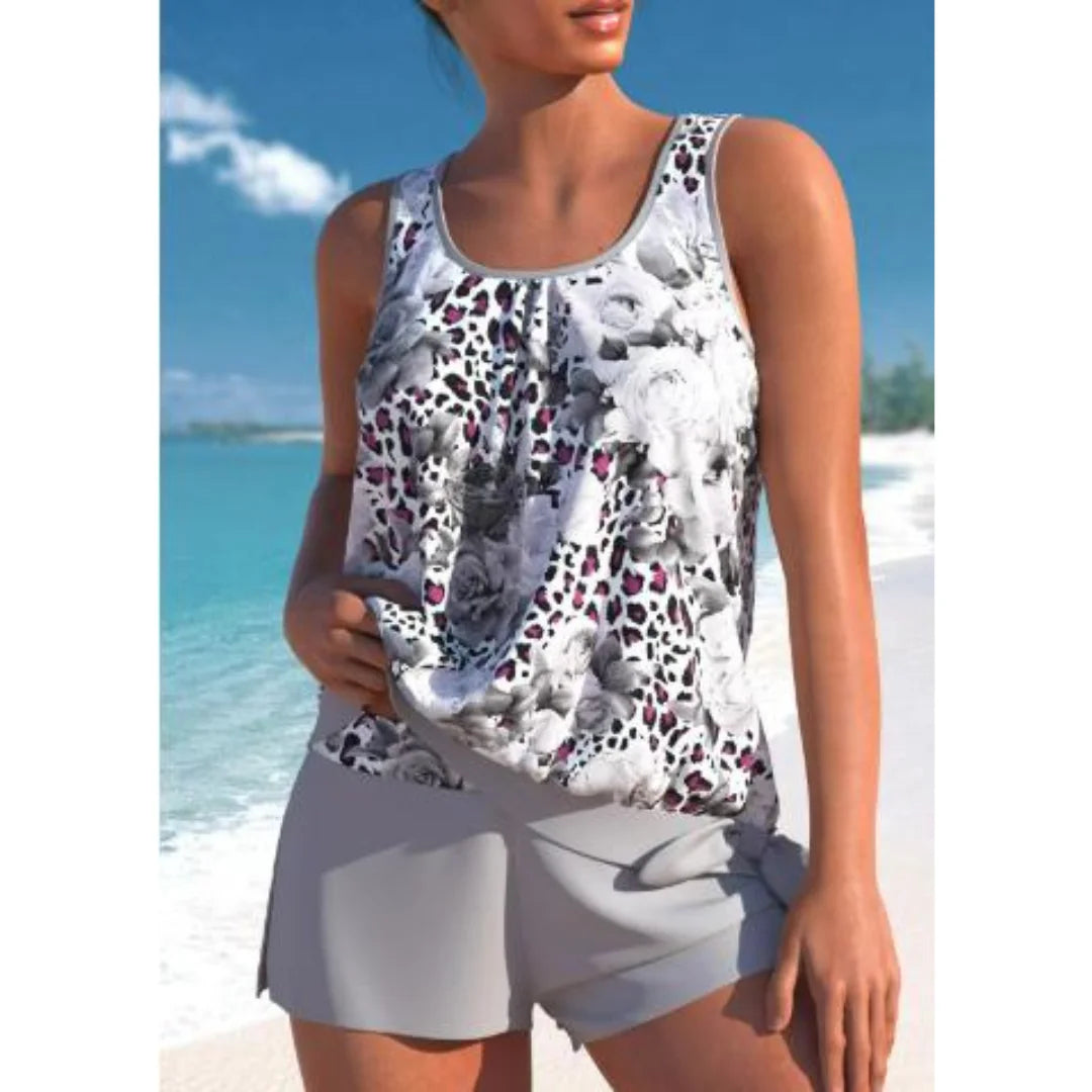 Damen Tankini Set mit Blumenmuster und Shorts in Grau 2 aus hochwertigem Material, perfekt für sommerliche Tage am Strand…