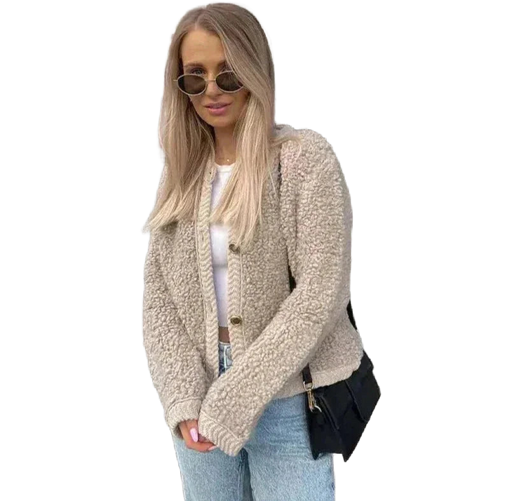 Damen Teddy-Strickjacke aus weichem Strick mit Knöpfen und lässigem Schnitt in Beige. Ideal für gemütliche Looks.