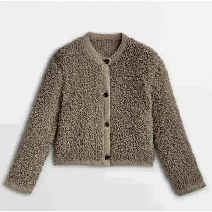Beige Damen Teddy-Strickjacke mit Knöpfen, gemütlichem Design und weichem, warmem Material für lässige Anlässe.