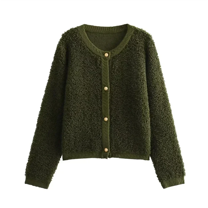 Grüne Damen Teddy-Strickjacke aus weichem Material mit Knöpfen und lässigem Schnitt für gemütliche Anlässe.