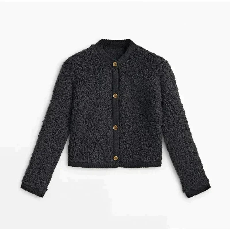 Schwarze Damen Teddy-Strickjacke mit Knöpfen, weichem Material und lässigem Design für komfortable Alltagsmode.