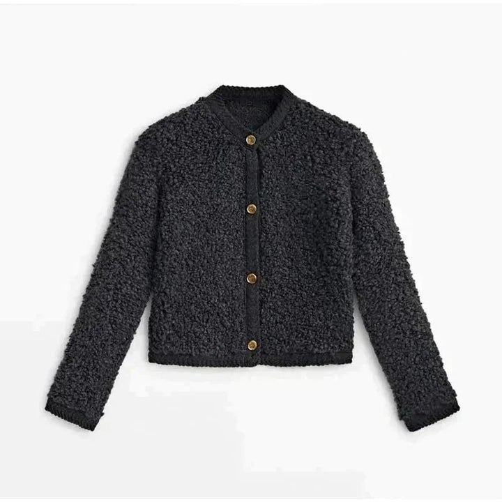 Schwarze Damen Teddy-Strickjacke mit Knöpfen, weichem Material und lässigem Design für komfortable Alltagsmode.