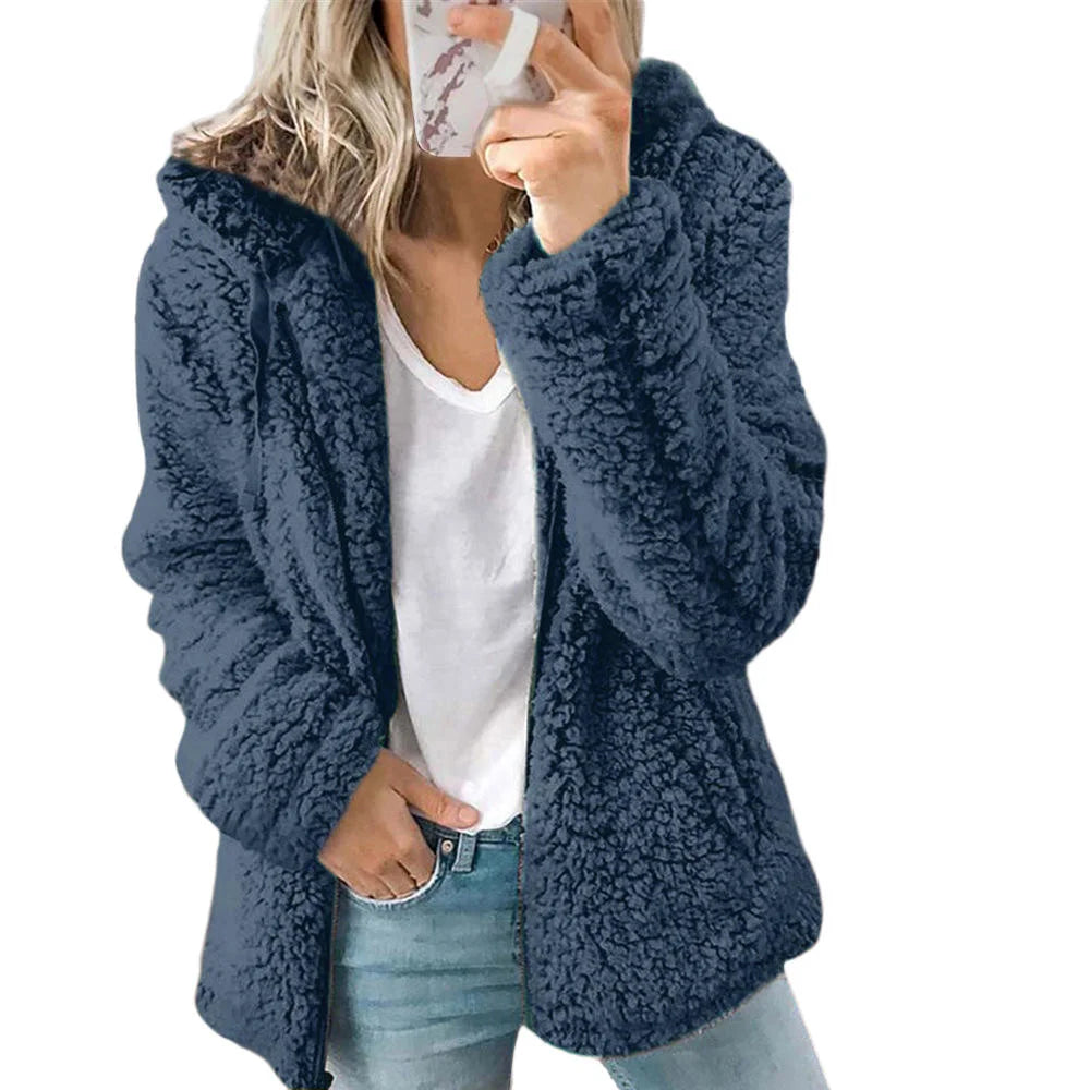 Damen Teddyjacke mit Kapuze in Kuschel-Optik
