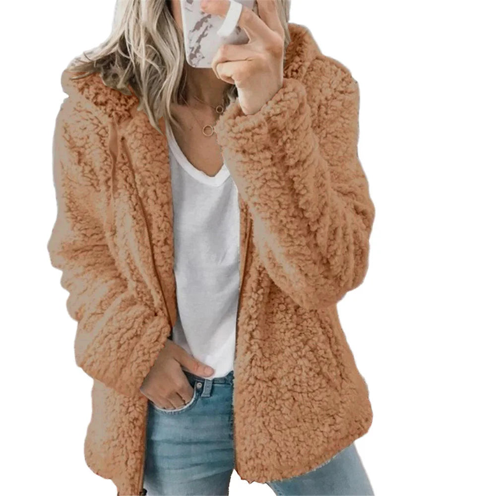 Damen Teddyjacke mit Kapuze in Kuschel-Optik