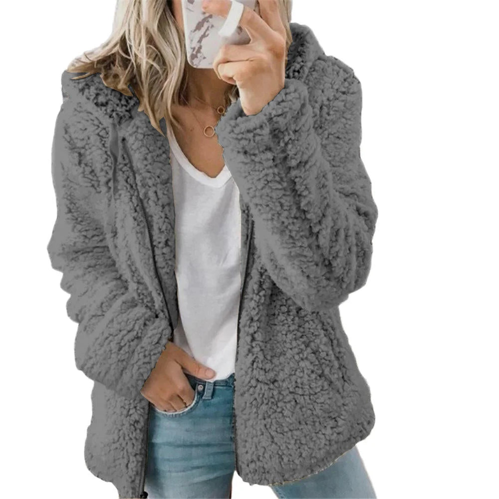 Damen Teddyjacke mit Kapuze in Kuschel-Optik