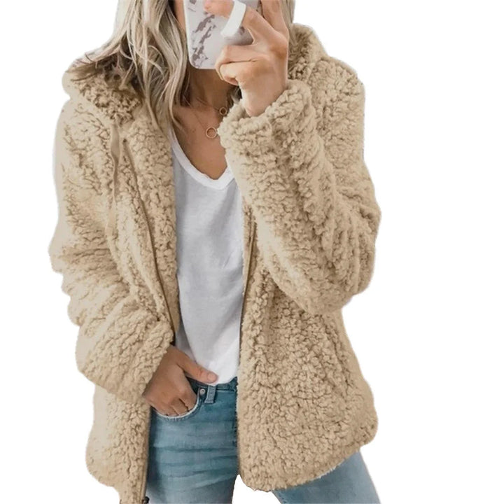 Damen Teddyjacke mit Kapuze in Kuschel-Optik