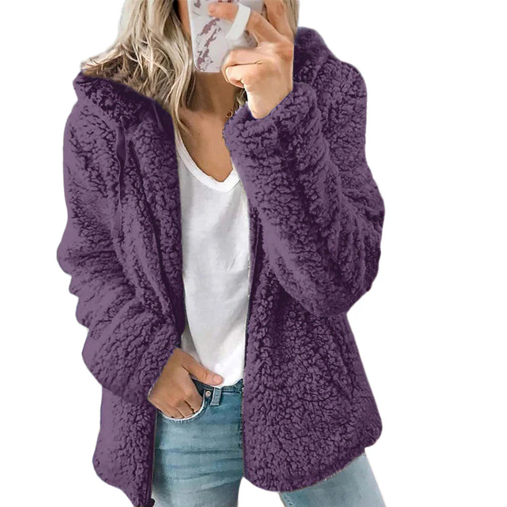 Damen Teddyjacke mit Kapuze in Kuschel-Optik