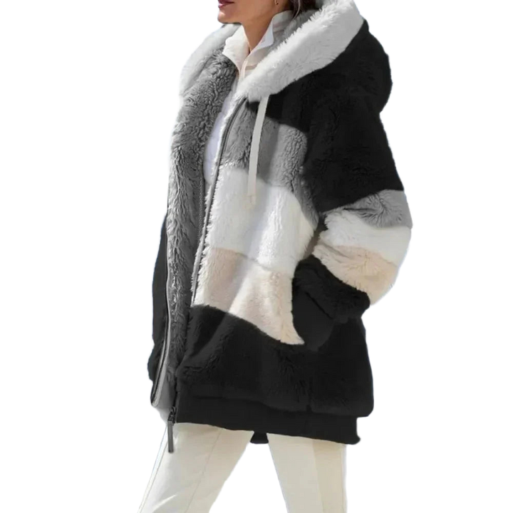 Schwarze Damen Plüschjacke mit Kapuze und Farbblock-Design, weiches Material, gemütlicher Schnitt für kalte Tage.