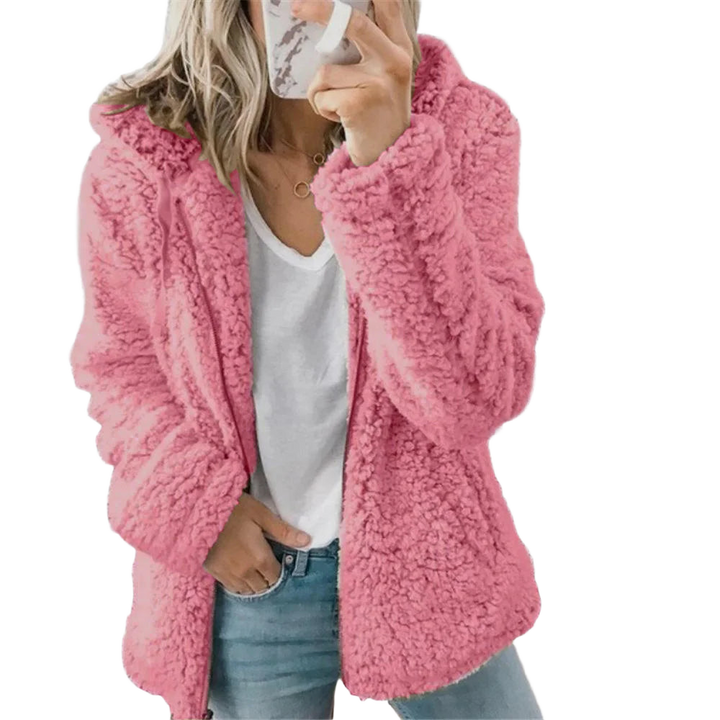 Kuschelige rosa Damen Kapuzenjacke aus weichem Fleece mit praktischen Taschen und durchgehendem Reißverschluss.