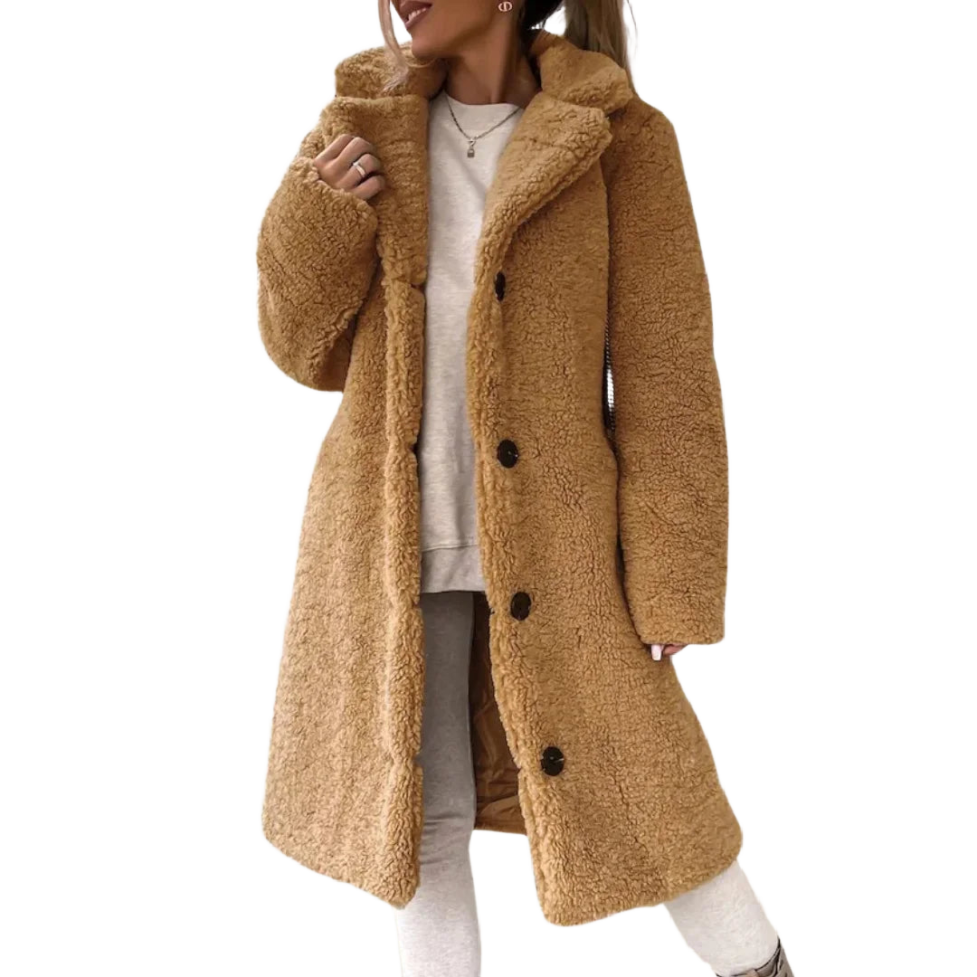 Damen Lange Übergangsjacke in Khaki, flauschiger Stoff, mit Kapuze, lässiger Schnitt und praktischen Taschen.