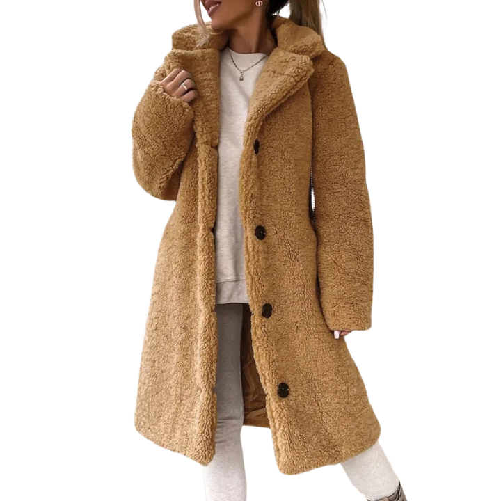 Damen Lange Übergangsjacke in Khaki, flauschiger Stoff, mit Kapuze, lässiger Schnitt und praktischen Taschen.