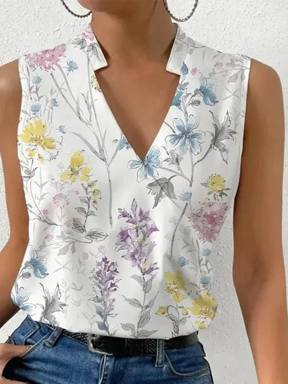 Damen Top aus leichtem Stoff mit V-Ausschnitt und Wickeloptik in Blumenmuster, ideal für den Sommerlook.