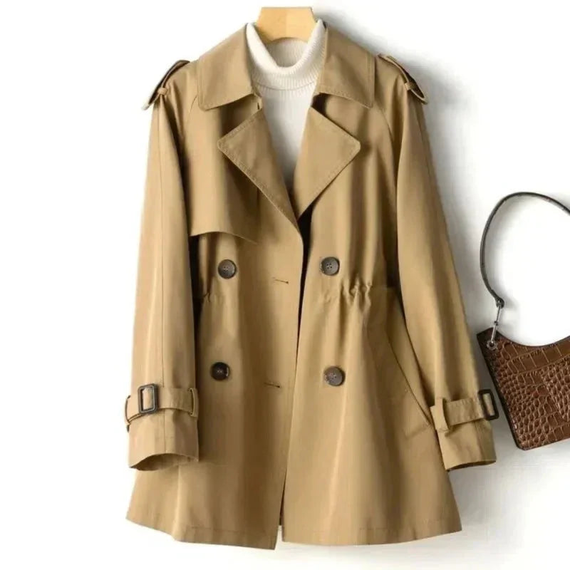 Damen brauner Trenchcoat, doppelreihig, mit Gürtel und Schulterklappen, aus strapazierfähigem Stoff gefertigt.