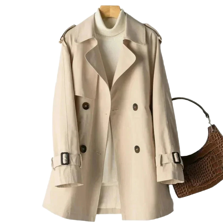 Damen Trenchcoat in Khaki, doppelreihig, mit Gürtel, Schulterklappen und wasserabweisendem Material für vielseitige Looks.