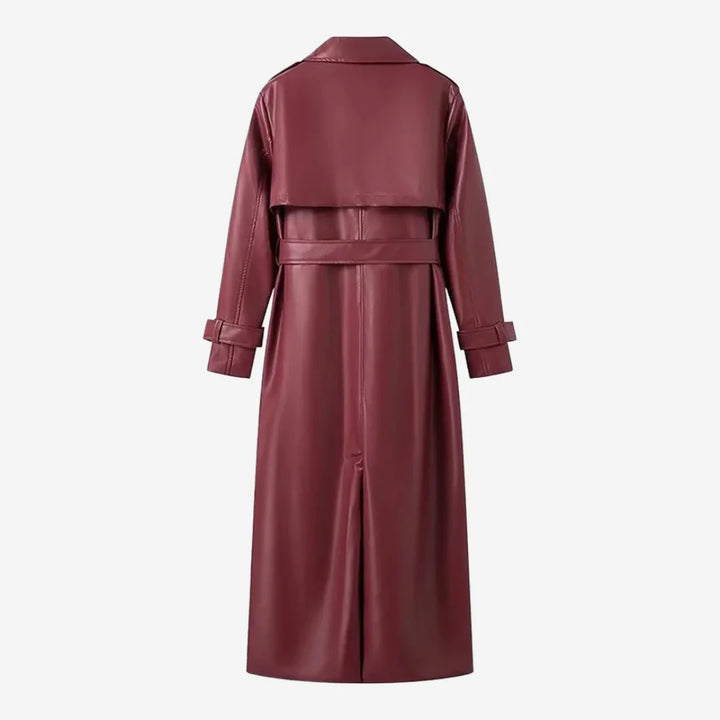 Damen Trenchcoat in Burgunder aus leichtem Material mit Gürtel und klassischem Reverskragen für stilvollen Schutz.