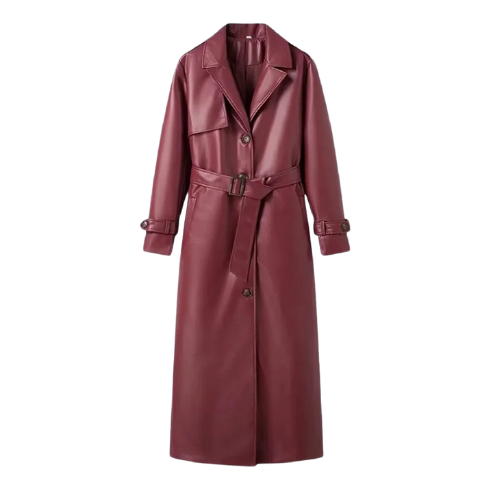 Damen Trenchcoat in Burgunder, aus weichem Material, mit Gürtel und klassischem Reverskragen für eleganten Look.