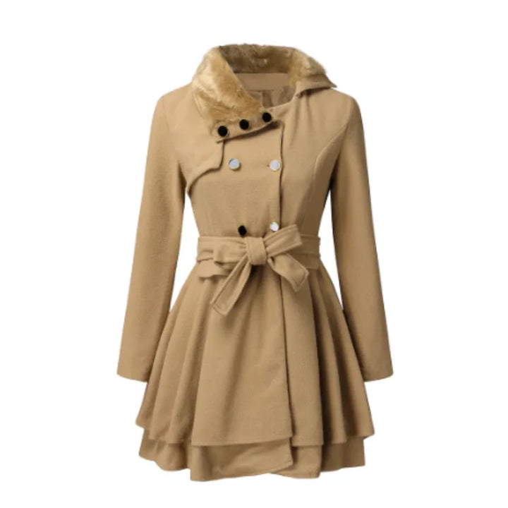 Damen Trenchcoat aus leichtem Material in Khaki mit Gürtel und praktischer Kapuze für vielseitigen Einsatz.