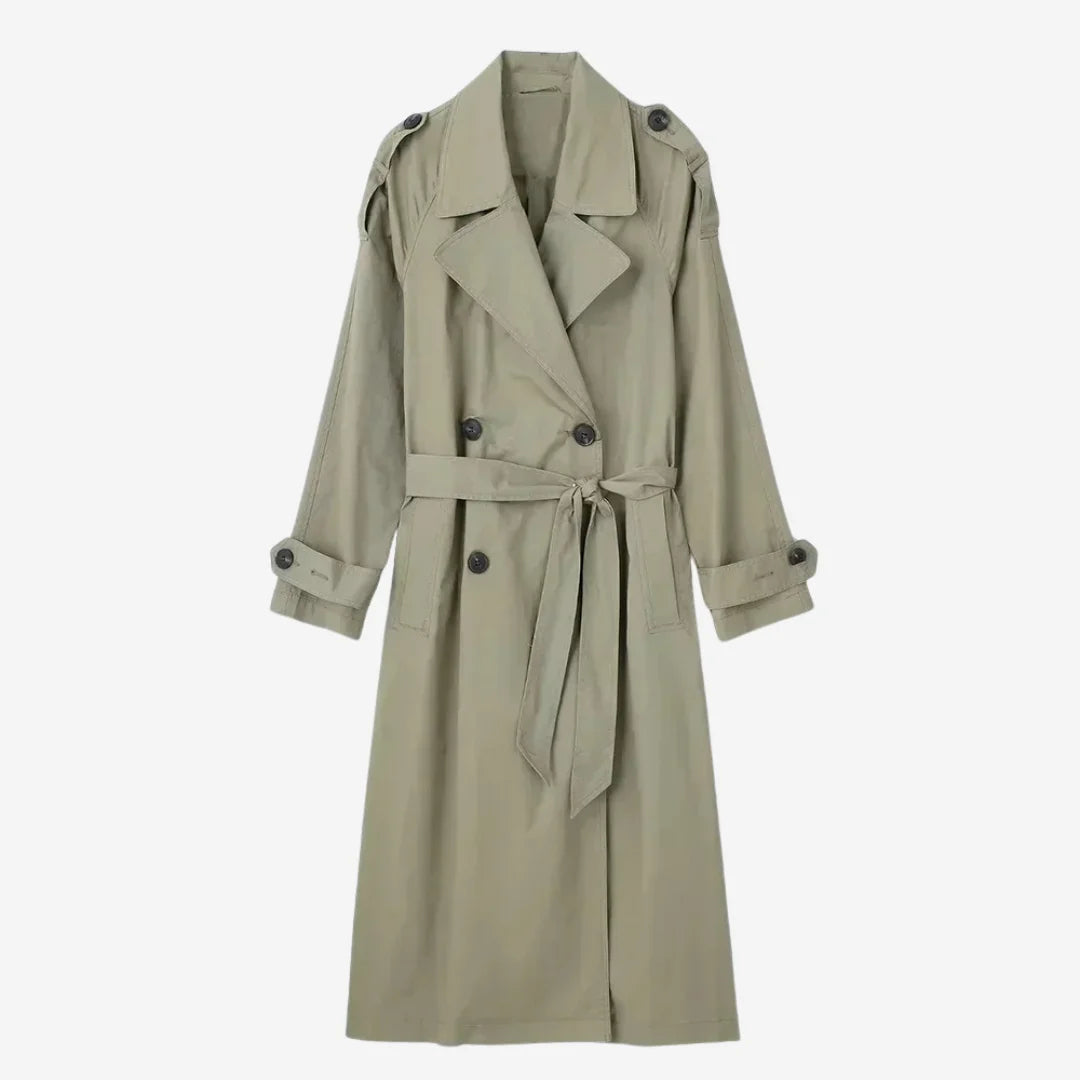 Damen Trenchcoat aus leichtem Material mit Gürtel und dekorativen Knopfdetails, ideal für Übergangswetter.