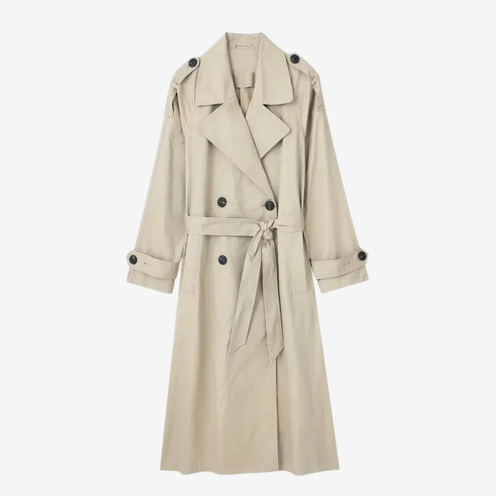 Damen Trenchcoat aus Baumwolle mit Gürtel, Knopfdetails und klassischem Reverskragen in neutralen Farben.