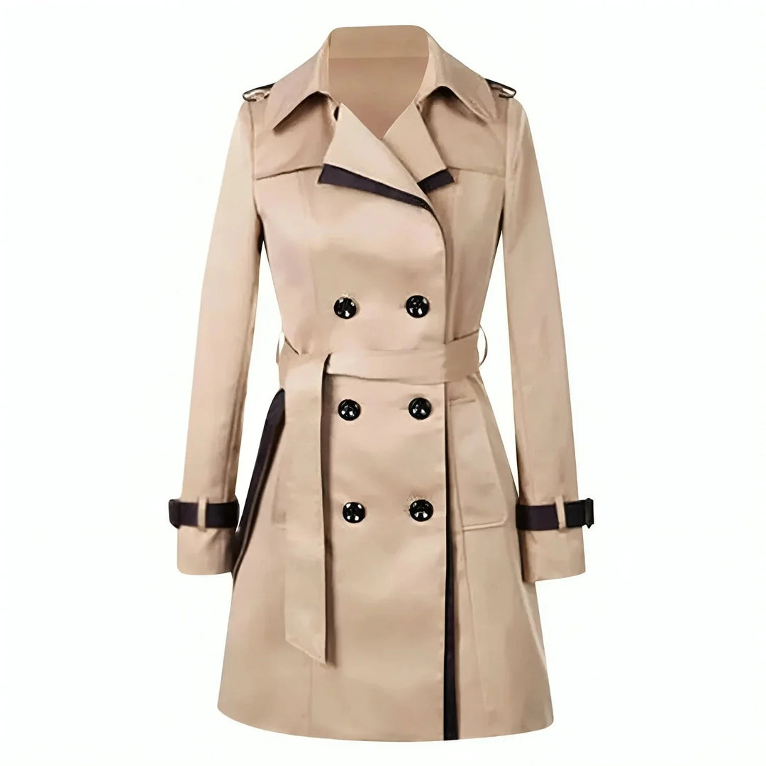 Damen Trenchcoat in Khaki mit Gürtel, tailliertem Schnitt und eleganten Details aus strapazierfähigem Material.
