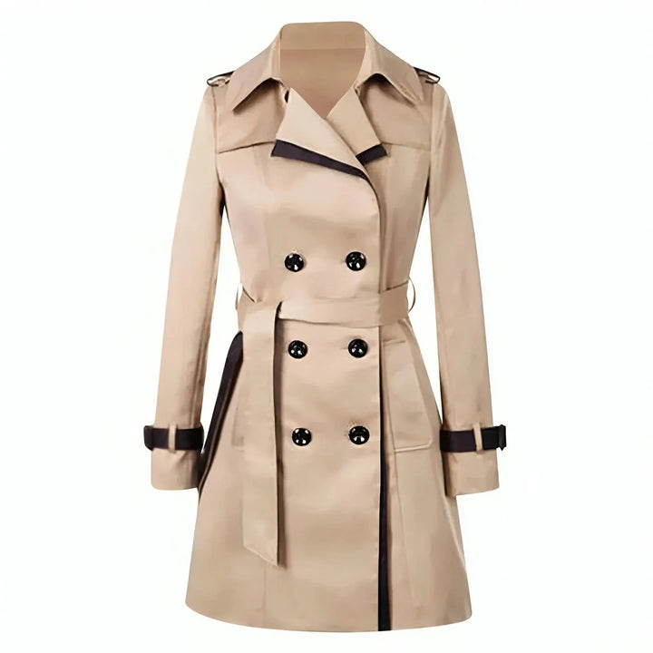 Damen Trenchcoat in Khaki mit Gürtel, tailliertem Schnitt und eleganten Details aus strapazierfähigem Material.