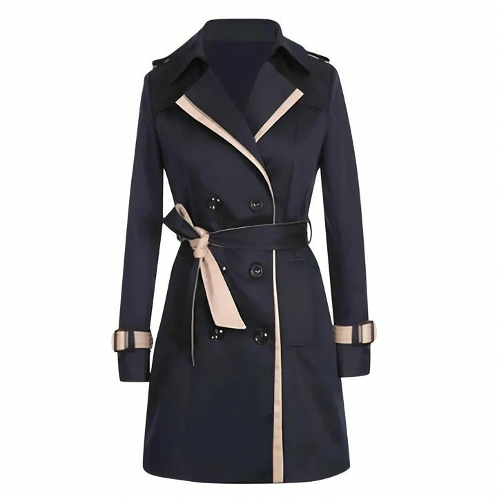 Schwarzer Damen Trenchcoat aus Baumwolle, mit Gürtel, tailliertem Schnitt und eleganten Details für einen modernen Look.