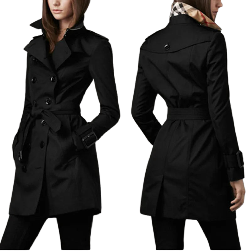 Damen Trenchcoat in Schwarz, aus hochwertigem Baumwollmix, mit Gürtel und doppelter Knopfreihe für einen klassischen Look.