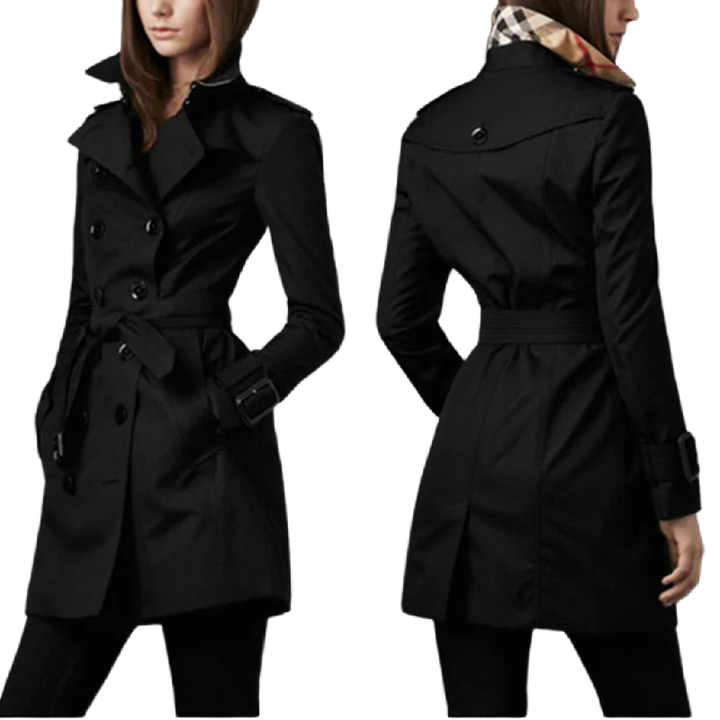 Damen Trenchcoat in Schwarz, aus hochwertigem Baumwollmix, mit Gürtel und doppelter Knopfreihe für einen klassischen Look.