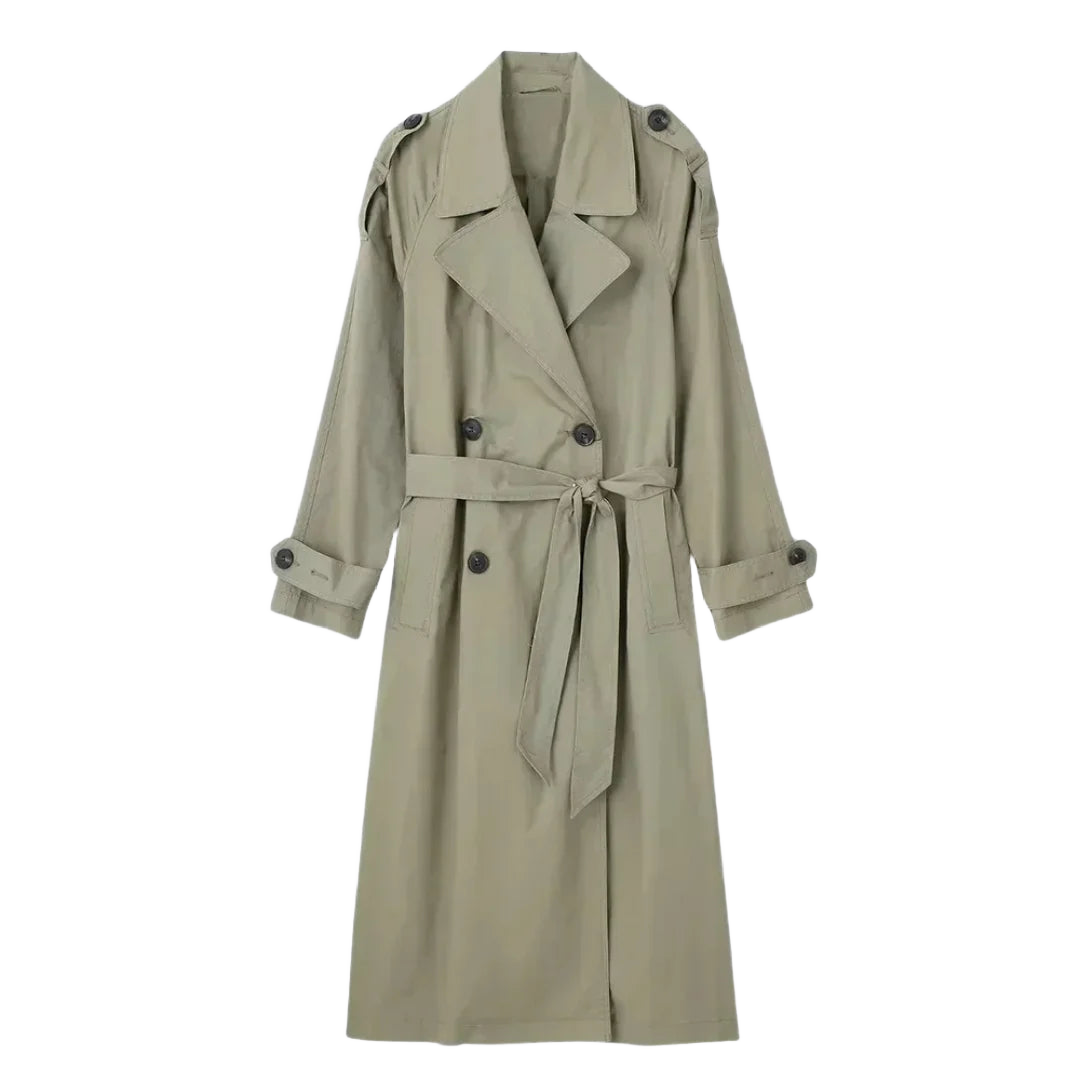 Damen Trenchcoat aus leichtem Material mit Gürtel und dekorativen Knopfdetails, ideal für Übergangswetter.