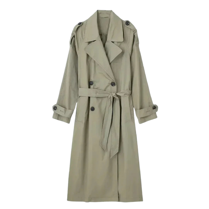 Damen Trenchcoat aus leichtem Material mit Gürtel und dekorativen Knopfdetails, ideal für Übergangswetter.