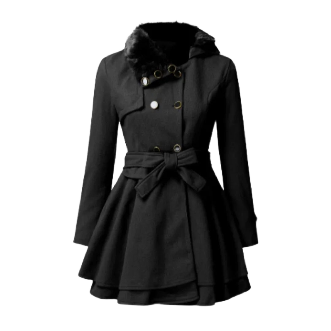 Schwarzer Damen Trenchcoat aus Baumwollmix, mit Gürtel, Kapuze und klassischen Knopfdetails für einen zeitlosen Look.