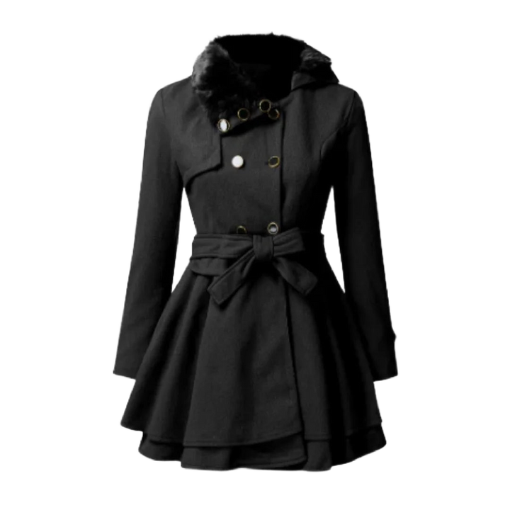 Schwarzer Damen Trenchcoat aus Baumwollmix, mit Gürtel, Kapuze und klassischen Knopfdetails für einen zeitlosen Look.