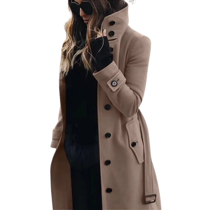 Damen Trenchcoat in Khaki mit hohem Kragen, eleganten Knöpfen und strapazierfähigem, atmungsaktivem Material.