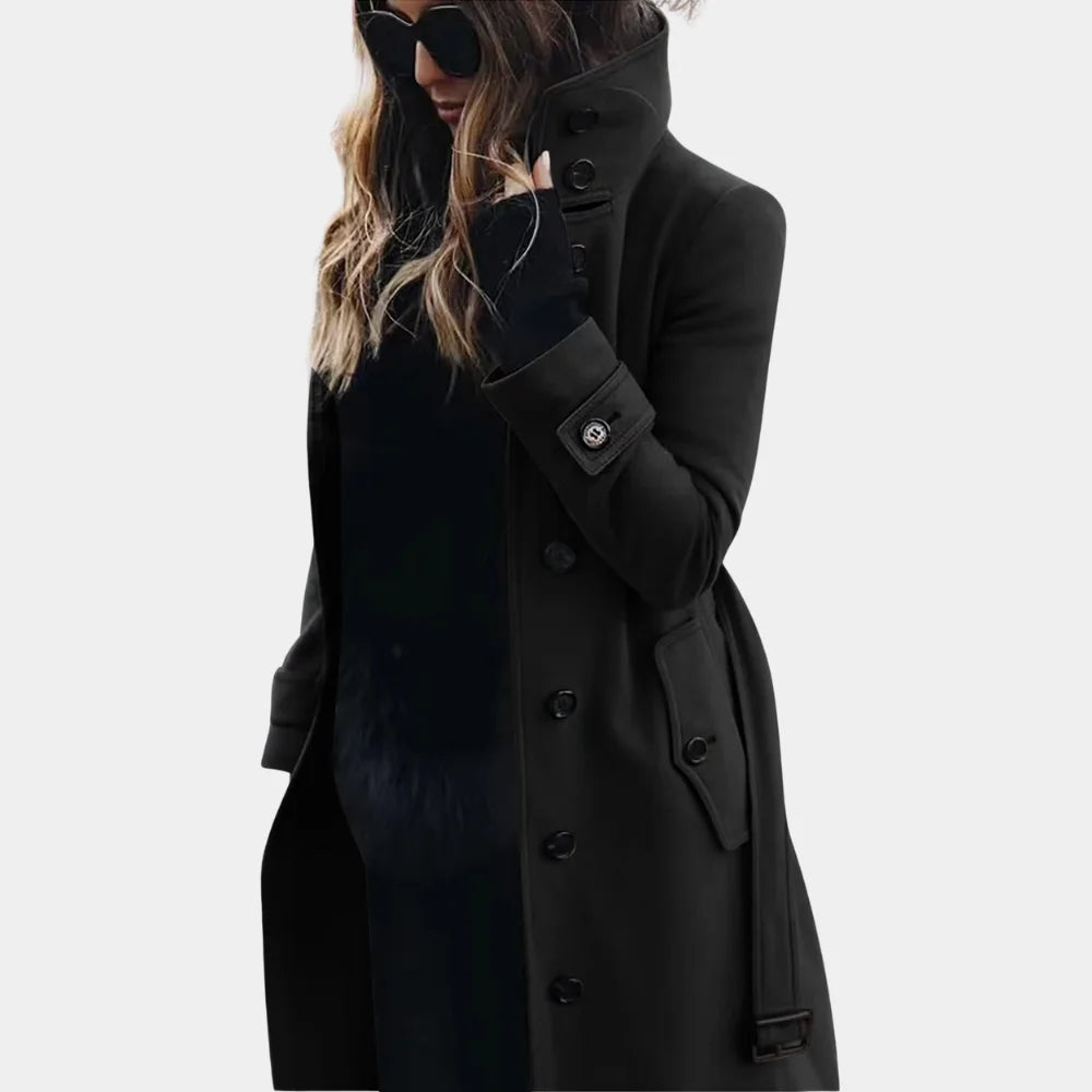 Schwarzer Damen Trenchcoat mit hohem Kragen, eleganten Knöpfen und leichtem, wetterbeständigem Material für jeden Anlass.