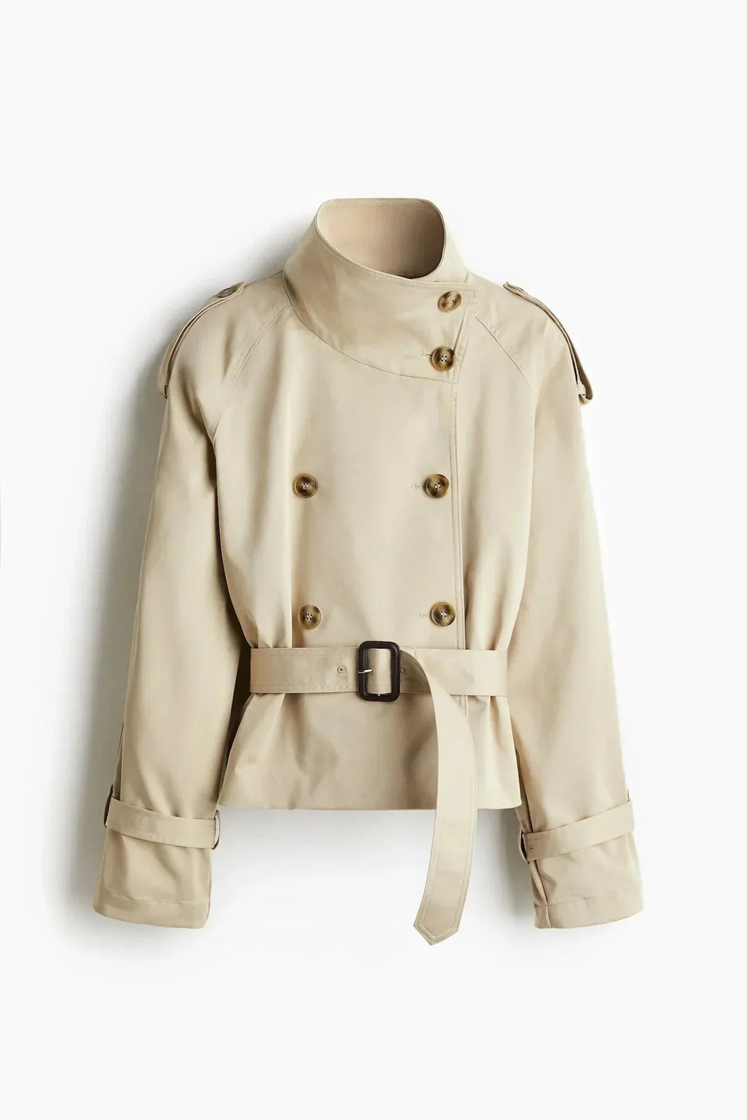 Damen Trenchcoat aus hochwertigem Baumwollmix, hoher Kragen und Taillengürtel für einen klassischen Schnitt.