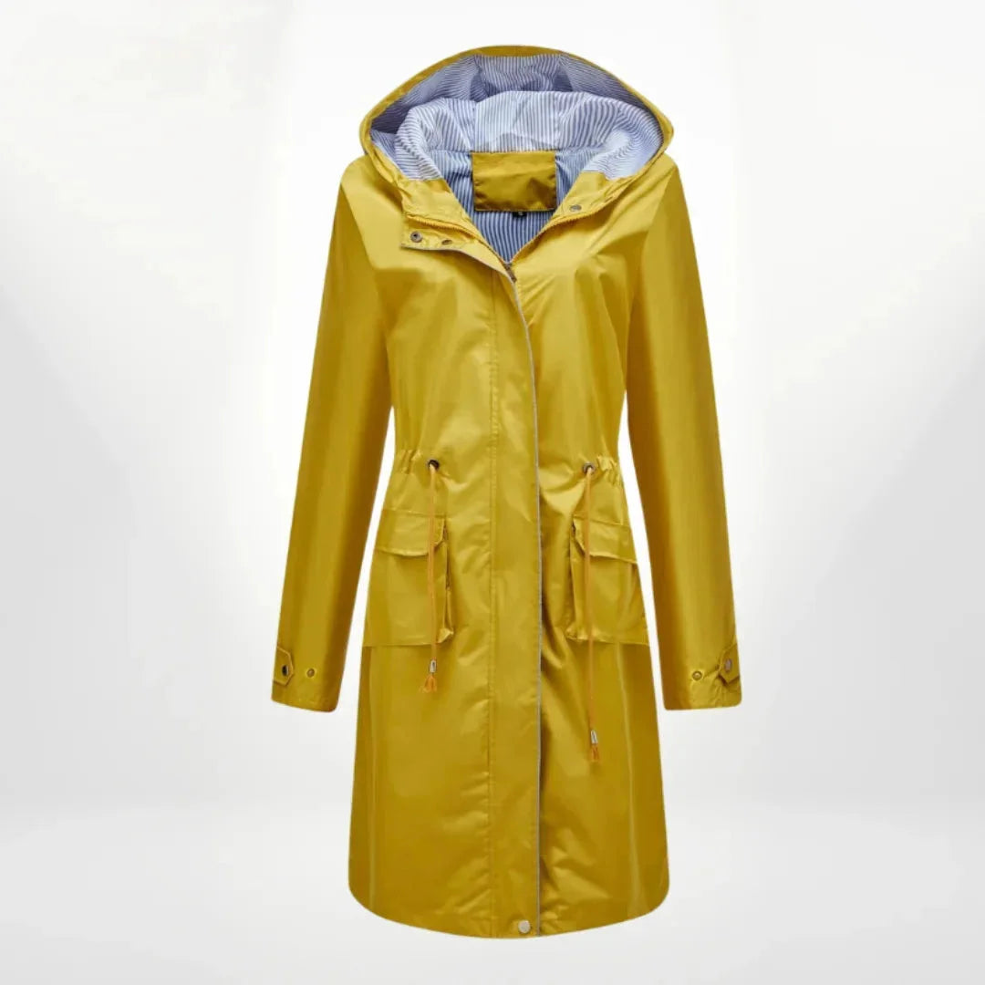 Gelber Damen Trenchcoat mit Kapuze, aus strapazierfähigem Material und praktischen Taschen für Alltag und stilvolle Akzente.