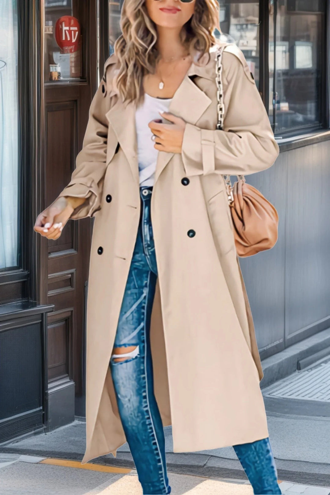 Khaki Damen Trenchcoat mit zweireihigem Design, Gürtel und schützendem Stoff für Frühjahrs- und Herbstwetter.