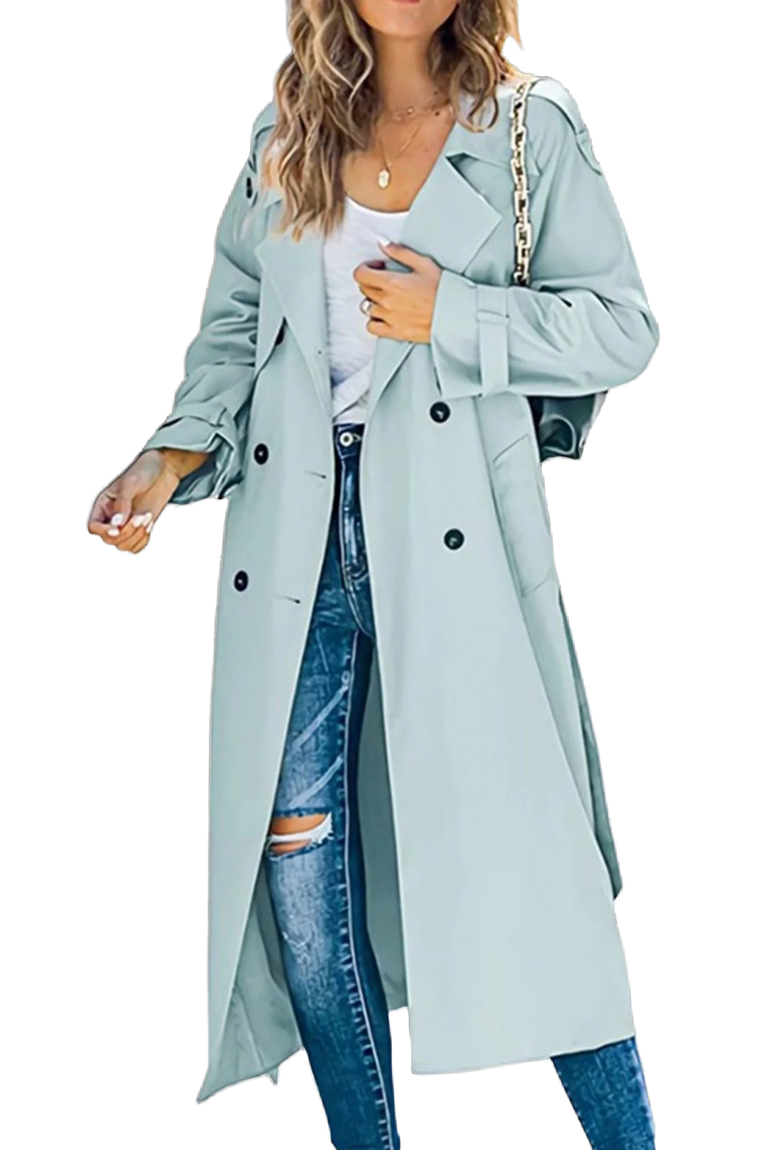 Hellgrüner Damen Trenchcoat mit zweireihigem Design, Gürtel und leichtem Stoff für einen lässigen, eleganten Look.
