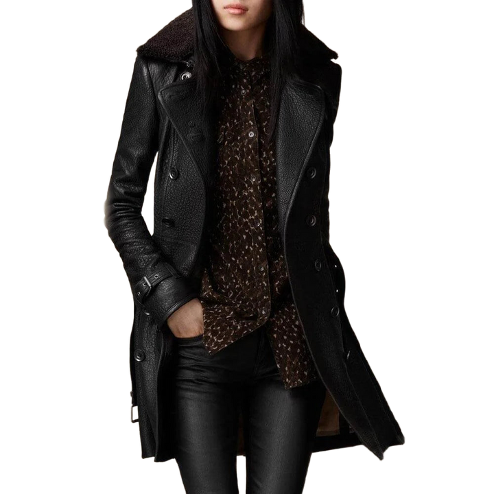 Damen Trenchcoat Schwarz mit Fellkragen