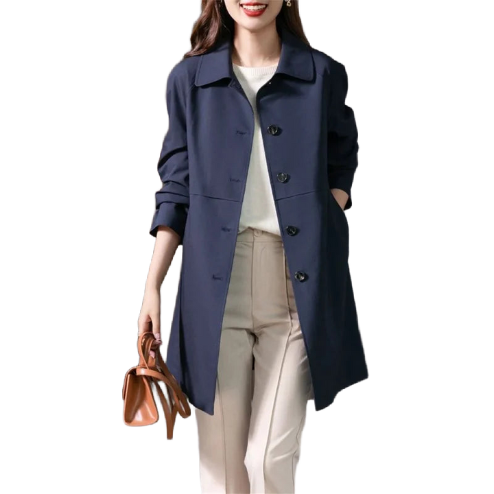 Dunkelblauer Damen Trenchcoat, wasserdicht, mit Knopfleiste und Kragen, ideal für Spaziergänge bei Regenwetter.