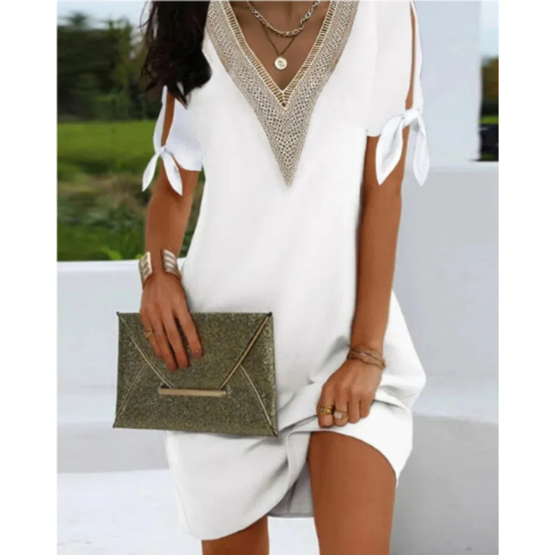 Damen Mini-Tunikakleid mit V-Ausschnitt und Schnürdetails