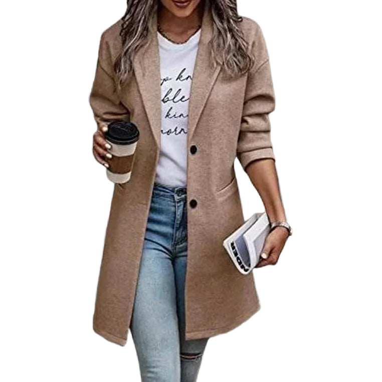 Khaki Damen Übergangsmantel mit Knopfleiste, langer Passform aus weichem Material, ideal für den Frühling und Herbst.