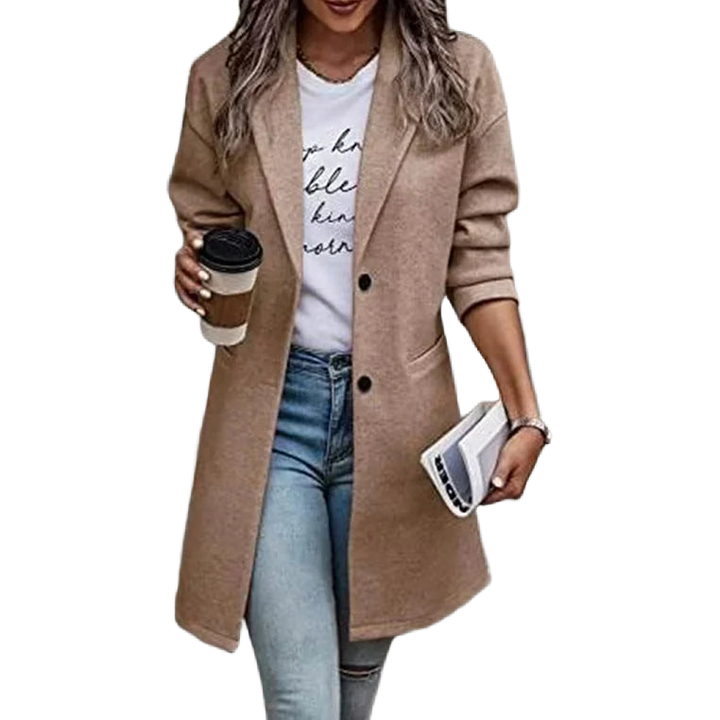 Khaki Damen Übergangsmantel mit Knopfleiste, langer Passform aus weichem Material, ideal für den Frühling und Herbst.