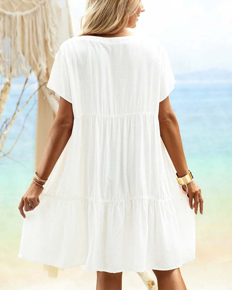 Damen Leinenkleid in V-Ausschnitt mit Rüschen und Kurzarm, luftig und schick für den Sommerlook.