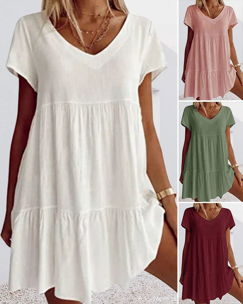 Damen Leinenkleid in V-Ausschnitt Design mit Rüschen und Kurzarm für den Sommer.Natürliches Leinenmaterial, lockere Passform.