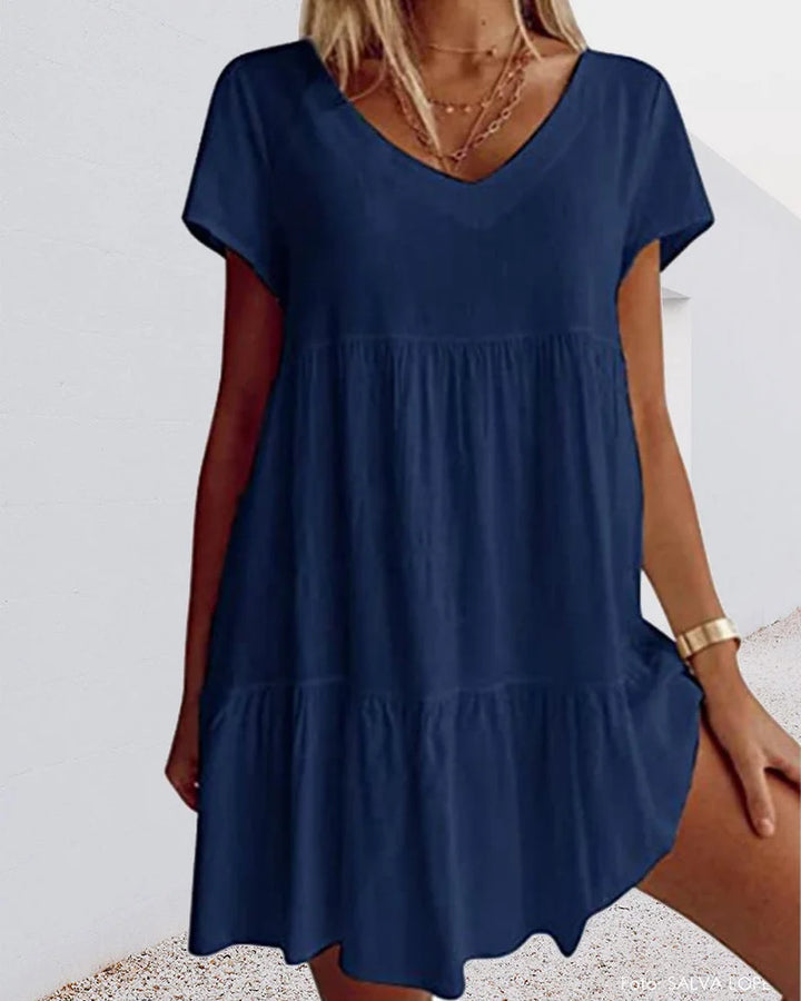 Blau Damen Leinenkleid mit V-Ausschnitt, Rüschen und Kurzarm - luftiges, bequemes Design für den Sommer.