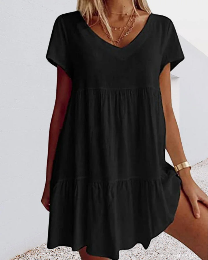Schwarzes Leinenkleid mit V-Ausschnitt, Rüschen und Kurzarm für Damen, luftig und elegant, perfekt für den Sommer.