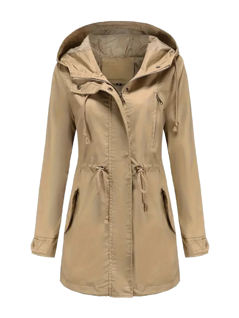 Khaki Damen Trenchcoat aus wasserabweisendem Material, mit Kapuze und praktischen Taschen für vielseitigen Gebrauch.