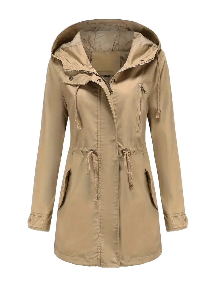 Khaki Damen Trenchcoat aus wasserabweisendem Material, mit Kapuze und praktischen Taschen für vielseitigen Gebrauch.