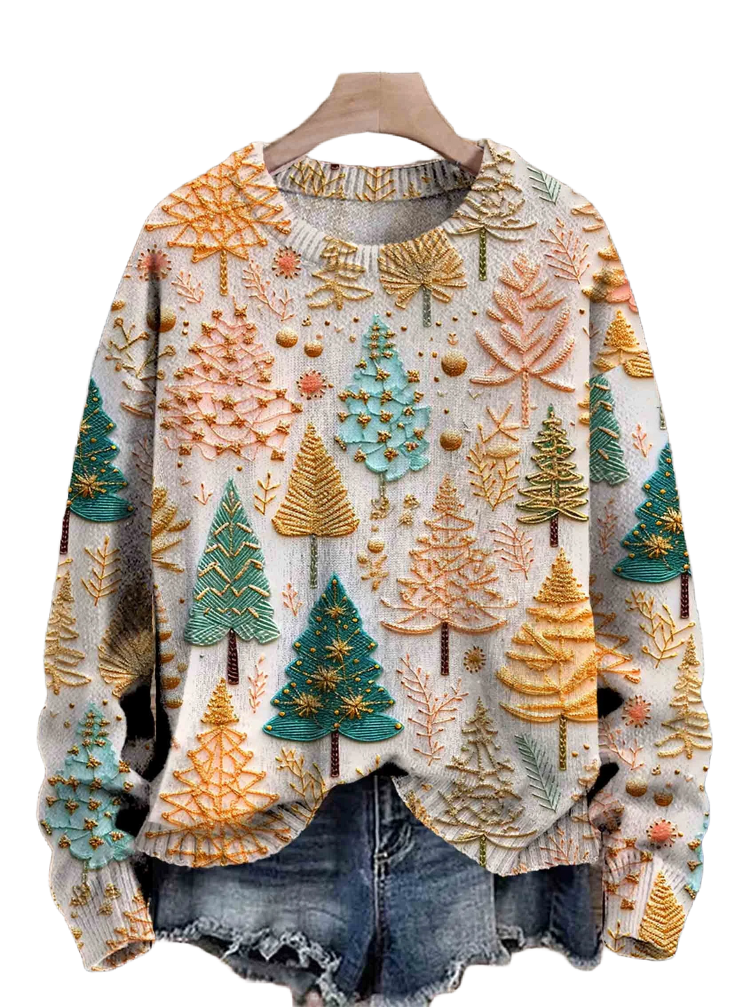 Damen Weihnachtspullover in Mehrfarbig mit Baum-Muster, Rundhalsausschnitt und weichem, warmem Material. Ideal für die…